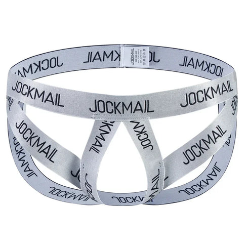 Gray jockstrap with 'Jockmail' branding on a white background
