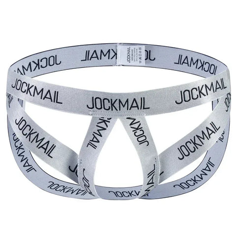 Gray jockstrap with 'Jockmail' branding on a white background