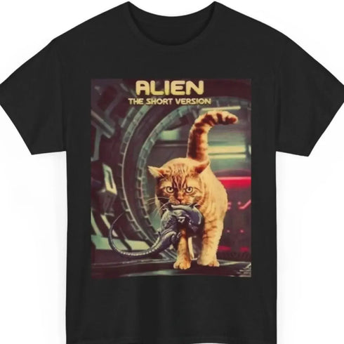 Alien Cat "The Short Version" Graphic T‑Shirt - MiamiTeenyWeenyBikini.Com