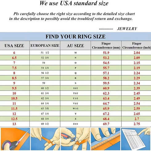 Ring size chart with measurements for various ring sizes.