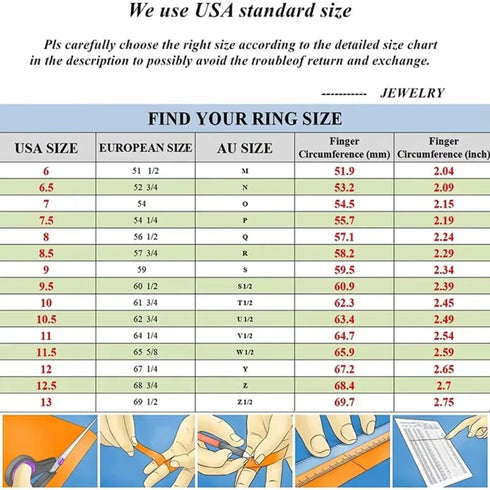 Ring size chart with measurements for various ring sizes.