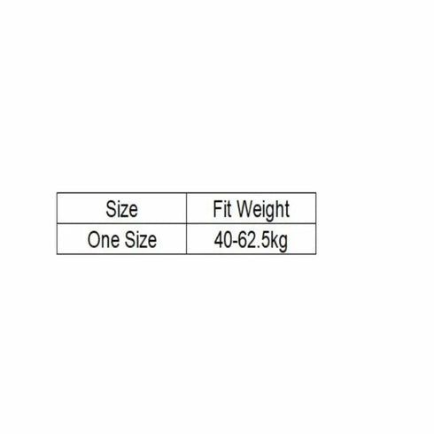 A simple size and weight table on a white background, with columns labeled Size, Fit, Weight and rows labeled One Size, 40-62.5kg.