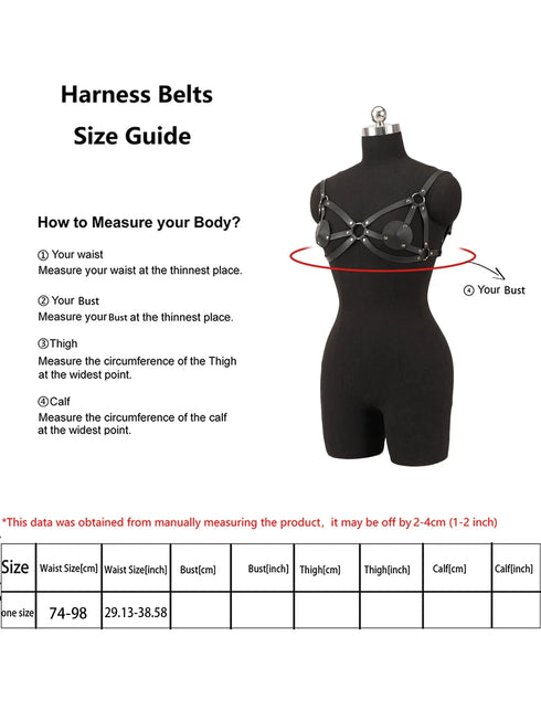 A size guide infographic for harness belts, featuring a black torso mannequin wearing the belt, a red measurement circle around the chest, step-by-step body measurement instructions, and a size chart table at the bottom on a white background.