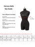 A size guide infographic for harness belts, featuring a black torso mannequin wearing the belt, a red measurement circle around the chest, step-by-step body measurement instructions, and a size chart table at the bottom on a white background.
