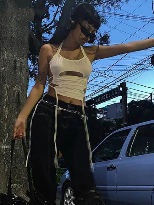Sleeveless Bandage Halter Tank Top - MiamiTeenyWeenyBikini.Com