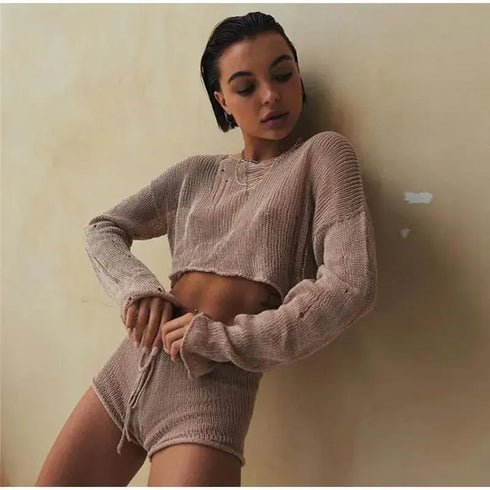 Knit Crop Top Shorts Sets - MiamiTeenyWeenyBikini.Com