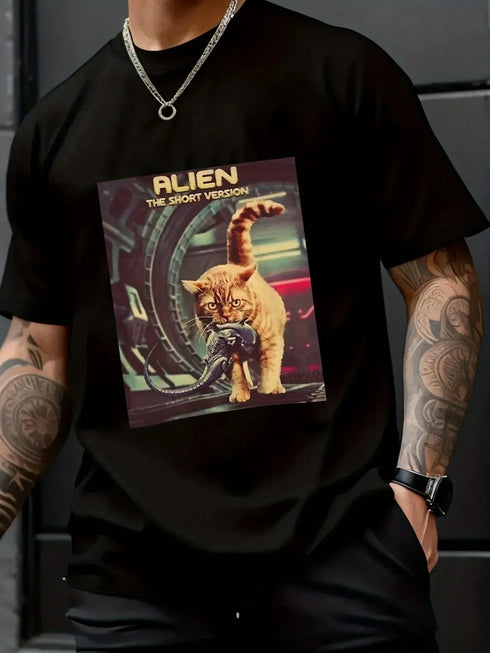 Alien Cat "The Short Version" Graphic T‑Shirt - MiamiTeenyWeenyBikini.Com