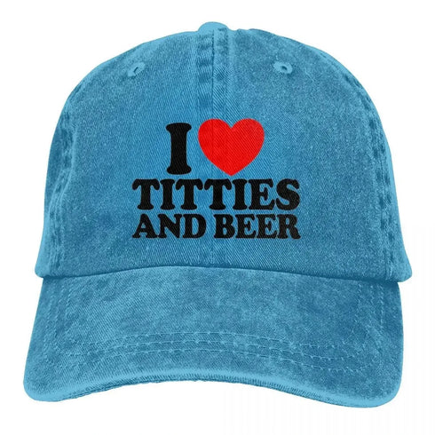 I Love Titties And Beer Denim Baseball Cap - MiamiTeenyWeenyBikini.Com