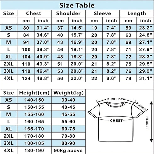 Size chart for shirts with measurements in centimeters and inches.