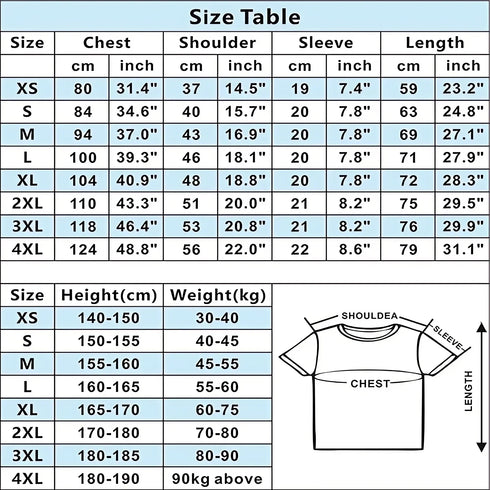 Size chart for shirts with measurements in centimeters and inches.
