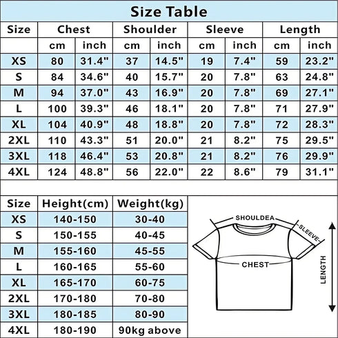 Size chart for shirts with measurements in centimeters and inches.