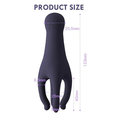 Purple silicone personal massager with three flexible arms, labeled product size and measurements.