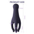 Purple silicone personal massager with three flexible arms, labeled product size and measurements.