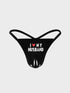 Black thong with 'I ❤️ MY HUSBAND' text on a light gray background