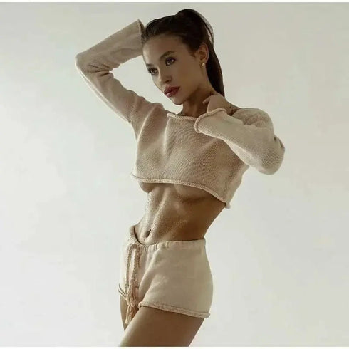 Knit Crop Top Shorts Sets - MiamiTeenyWeenyBikini.Com
