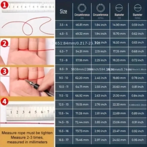A size measurement chart for a neck or wrist measuring rope, showing four numbered steps of how to measure around the hand with a red rope, next to a size conversion table listing circumference and diameter measurements in millimeters and inches.