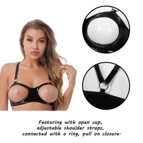 Wet Look Patent Leather Open Nipples Bra
