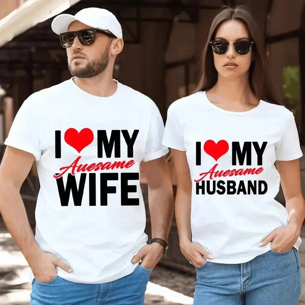 Man and woman wearing matching t-shirts with 'I ❤️ MY Awesome WIFE' and 'I ❤️ MY Awesome HUSBAND' text.