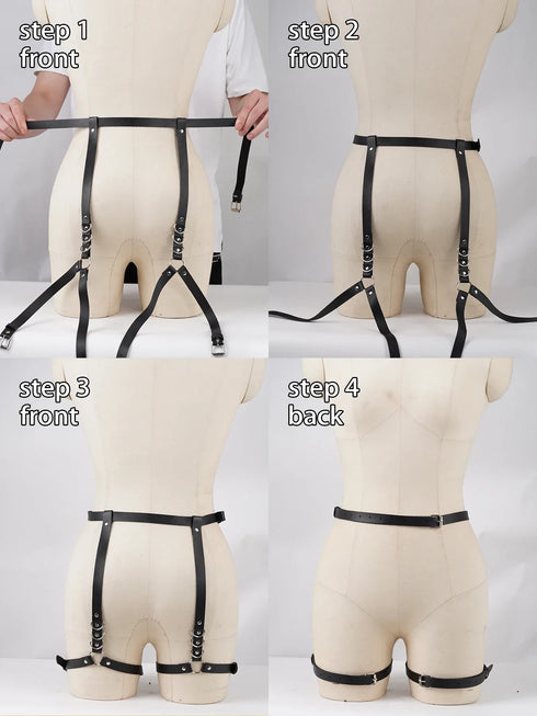 Four-panel instructional collage showing a black garter-style harness with leg straps on a beige mannequin from front and back views, with text labels 'step 1 front', 'step 2 front', 'step 3 front', and 'step 4 back'.