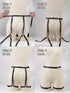 Four-panel instructional collage showing a black garter-style harness with leg straps on a beige mannequin from front and back views, with text labels 'step 1 front', 'step 2 front', 'step 3 front', and 'step 4 back'.
