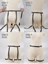 Four-panel instructional collage showing a black garter-style harness with leg straps on a beige mannequin from front and back views, with text labels 'step 1 front', 'step 2 front', 'step 3 front', and 'step 4 back'.