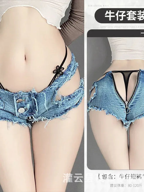 Zip Up Open Crotch Denim Shorts