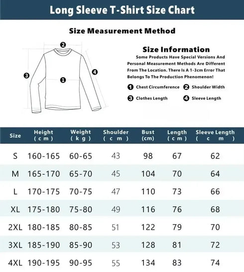 A long-sleeve T-shirt size chart and measurement guide with a line drawing of the shirt, labeled measurement points, size information notes, and a size table listing S through 4XL with height, weight, shoulder, bust, length, and sleeve length in centimeters.