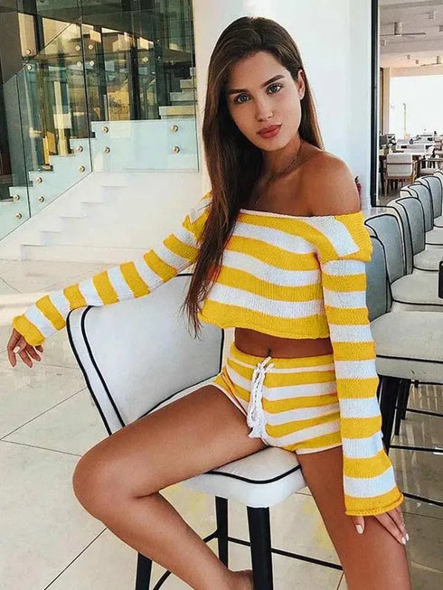 Knit Crop Top Shorts Sets - MiamiTeenyWeenyBikini.Com