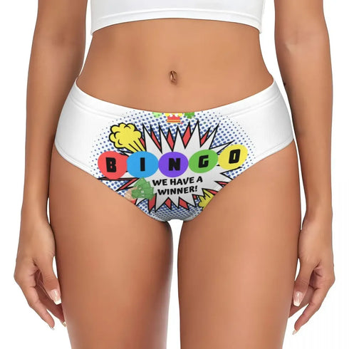 White bikini-style underwear with a colorful comic-style burst graphic and the word "BINGO" in multicolored letters, shown on a model against a plain white background.