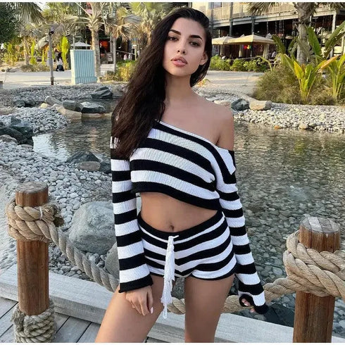 Knit Crop Top Shorts Sets - MiamiTeenyWeenyBikini.Com