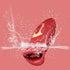 Red waterproof personal massager with gold detail splashing in water on pink background