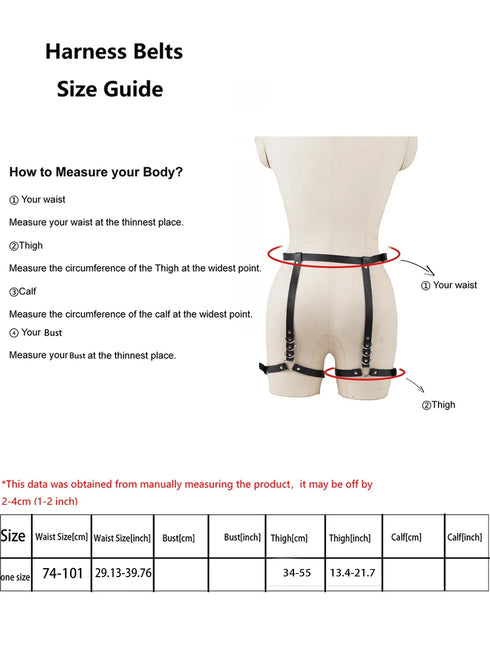 Harness belts size guide infographic showing how to measure the body, a diagram of a beige mannequin torso with black harness straps highlighted, and a measurement table at the bottom.