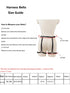 Harness belts size guide infographic showing how to measure the body, a diagram of a beige mannequin torso with black harness straps highlighted, and a measurement table at the bottom.