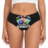 Black women's bikini underwear with a colorful bingo card and billiard ball graphic and the text 'OUT OF MY WAY I'M GOING TO BINGO' worn by a model.