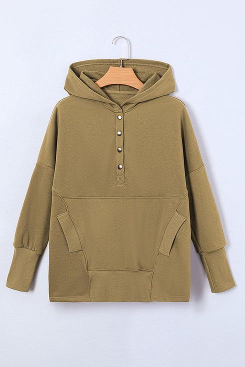 Khaki hooded sweatshirt with front buttons and kangaroo pocket on a hanger