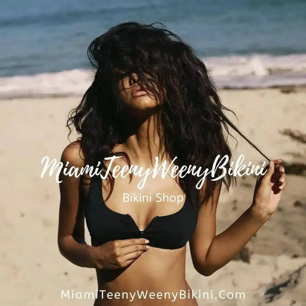 Woman in a black bikini on a beach with 'Miami Teeny Weeny Bikini' text overlay.