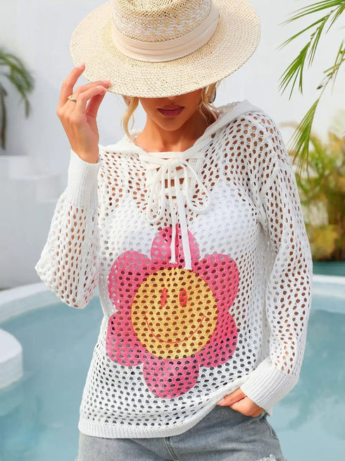 Flower Graphic Lace-Up Openwork Hooded Cover Up - MiamiTeenyWeenyBikni.Com