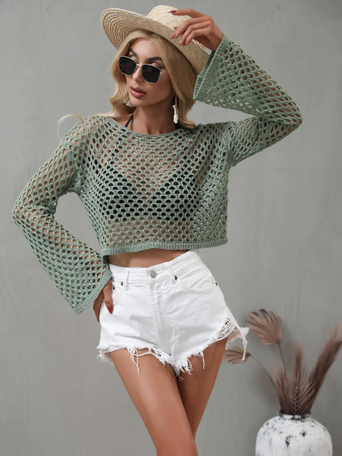 Openwork Flare Sleeve Cropped Cover Up - MiamiTeenyWeenyBikini.Com