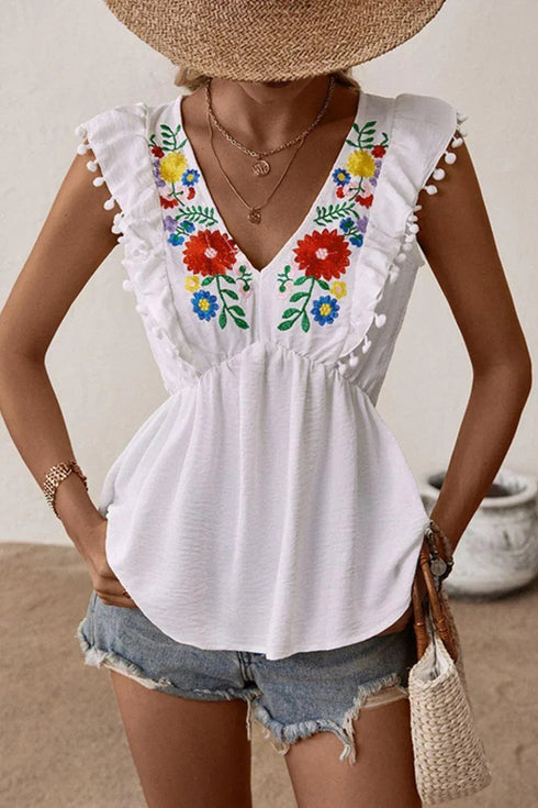 Embroidered Pom-Pom Trim Cap Sleeve Babydoll Top - MiamiTeenyWeenyBikini.Com