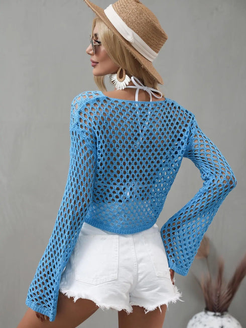 Openwork Flare Sleeve Cropped Cover Up - MiamiTeenyWeenyBikini.Com