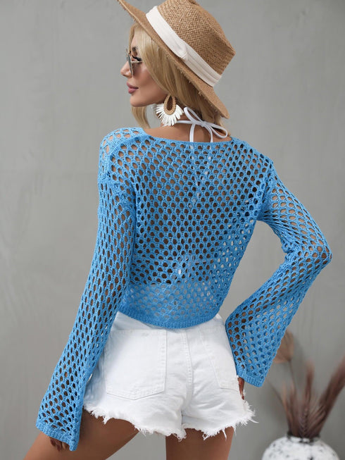 Openwork Flare Sleeve Cropped Cover Up - MiamiTeenyWeenyBikini.Com