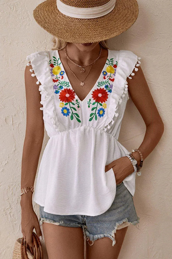 Embroidered Pom-Pom Trim Cap Sleeve Babydoll Top - MiamiTeenyWeenyBikini.Com