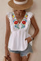Embroidered Pom-Pom Trim Cap Sleeve Babydoll Top - MiamiTeenyWeenyBikini.Com