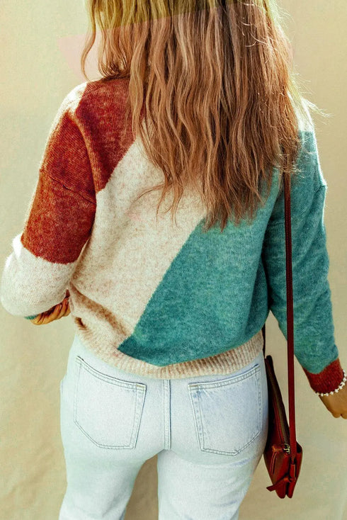Color Block Round Neck Dropped Shoulder Pullover Sweater - MiamiTeenyWeenyBikini.Com