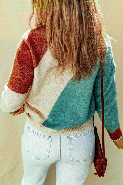Color Block Round Neck Dropped Shoulder Pullover Sweater - MiamiTeenyWeenyBikini.Com