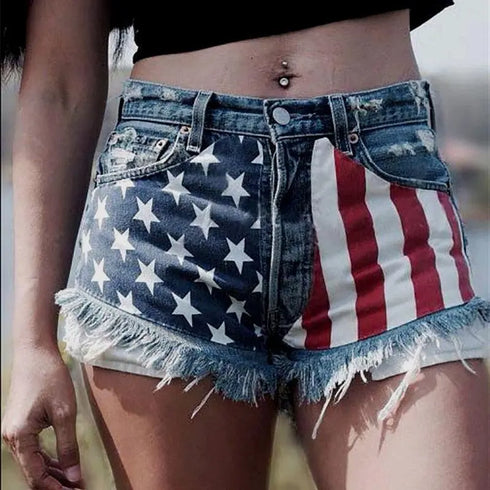 American Flag Print Denim Shorts - MiamiTeenyWeenyBikini.Com