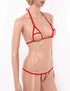 Minimal red micro bikini with strappy design on mannequin, women's swimwear