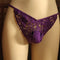 Purple crochet bikini thong bottom on mannequin, women's swimwear close-up
