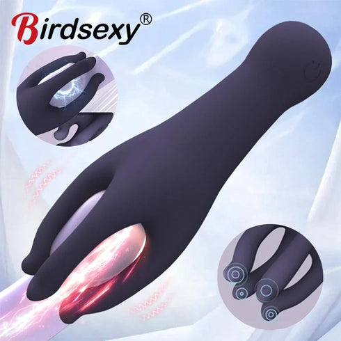 Purple silicone vibrating massage tool with textured tips and power button shown on a light background.