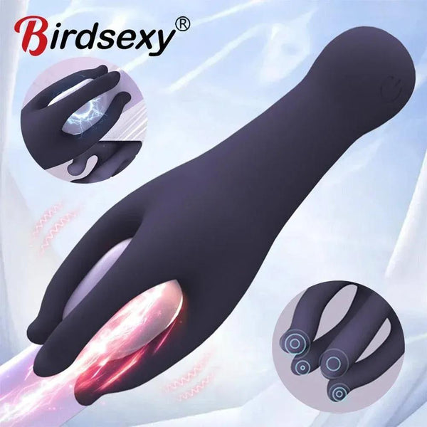 Purple silicone vibrating massage tool with textured tips and power button shown on a light background.